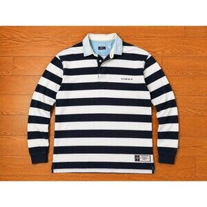 Vintage Line 7 Rugby Shirt XL Navy White Striped Long Sleeve Y2K Mens